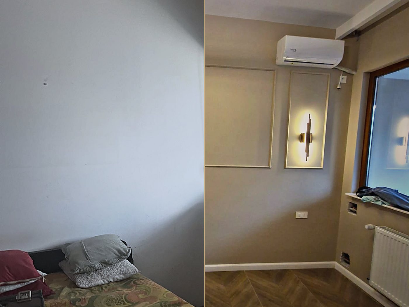 Dormitorul înainte și după: în stânga camera nerenovată, în dreapta peretele cu boiserie și aplice