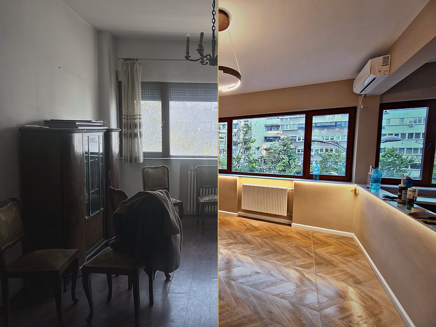 Livingul înainte și după renovare: în stânga mobilierul vechi și parchetul uzat, în dreapta boiseria și parchetul în spic